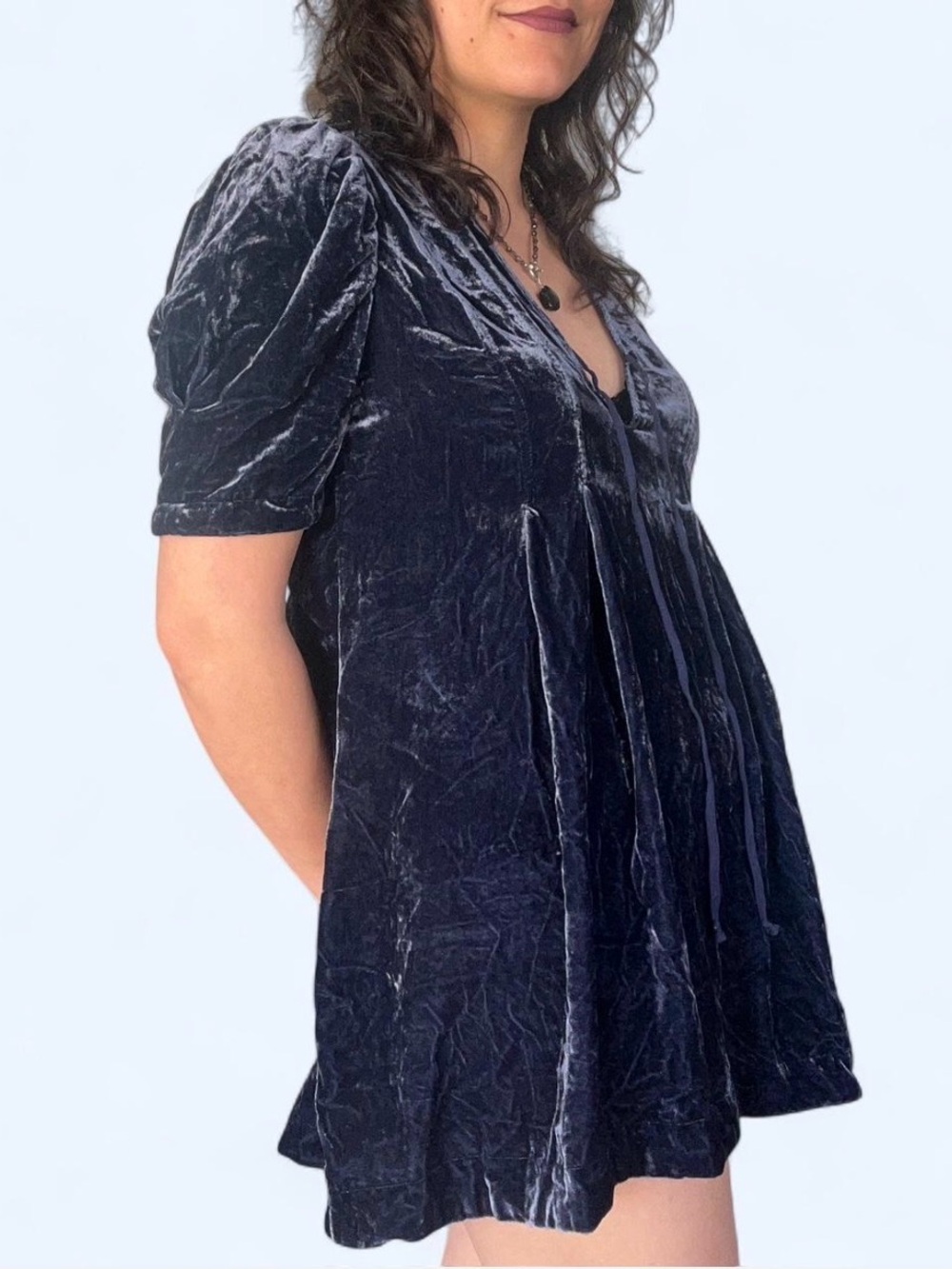 free people navy velvet babydoll mini dress - Picture 2 of 8